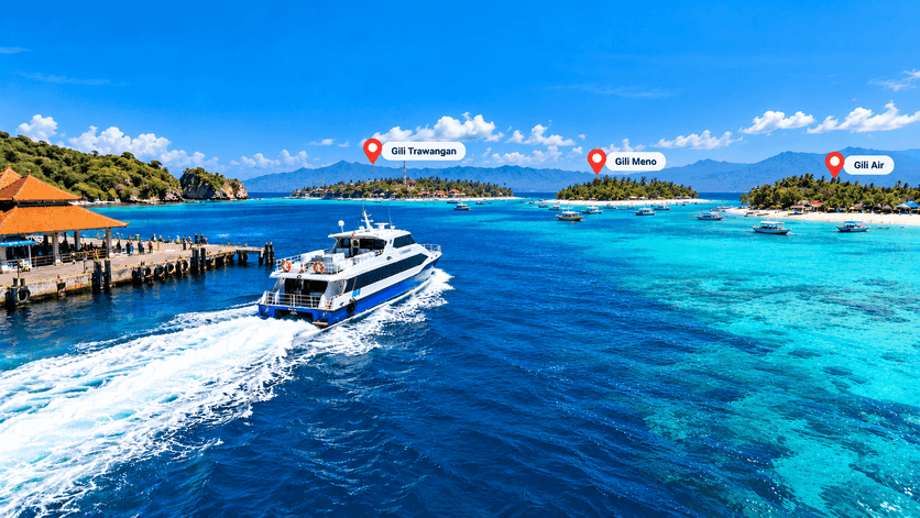 Fast boat heading from Padang Bai toward Gili Trawangan, Gili Meno and Gili Air