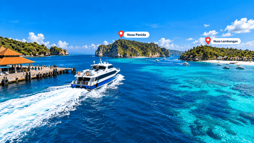 Fast boat from Padang Bai with Nusa Penida and Nusa Lembongan on the horizon